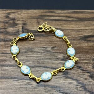 Blue Cameo Link Bracelet Gold Tone with Safety Clasp Charm Blue
